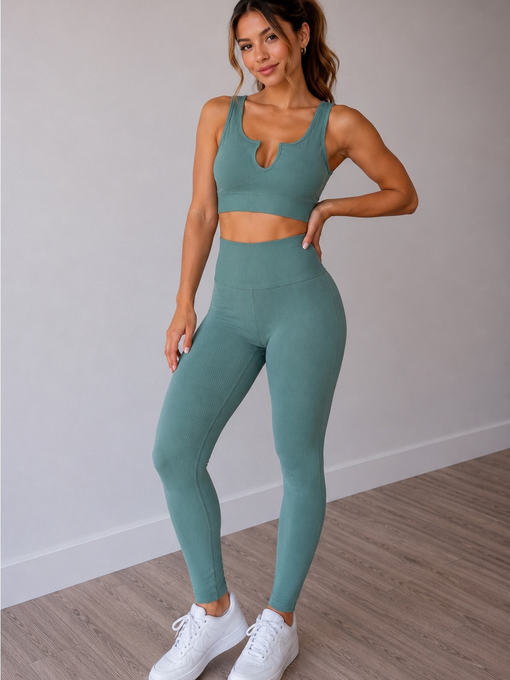 NWT OQQ Teal Green Ribbed Scoop-Notch Crop Tank & Leggings Gym Athletic set Smal